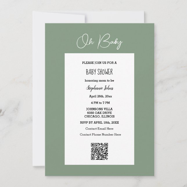 Invitación Oh Baby Sage Green Baby Shower QR Code Script (Anverso)