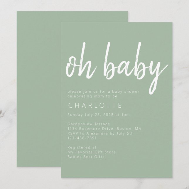 Invitación Oh Baby Sage Green Gender Neutral Baby Shower (Anverso / Reverso)