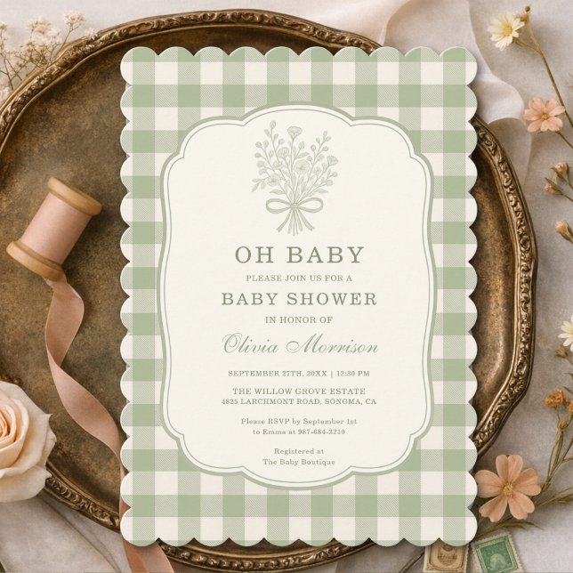 Invitación Oh Baby Sage Green Gingham Baby Shower (Subido por el creador)