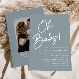 Invitación Oh Baby Script Dusty Blue Photo Baby Shower