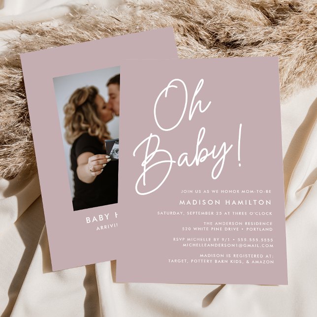 Invitación Oh Baby Script Dusty Purple Photo Baby Shower (Subido por el creador)