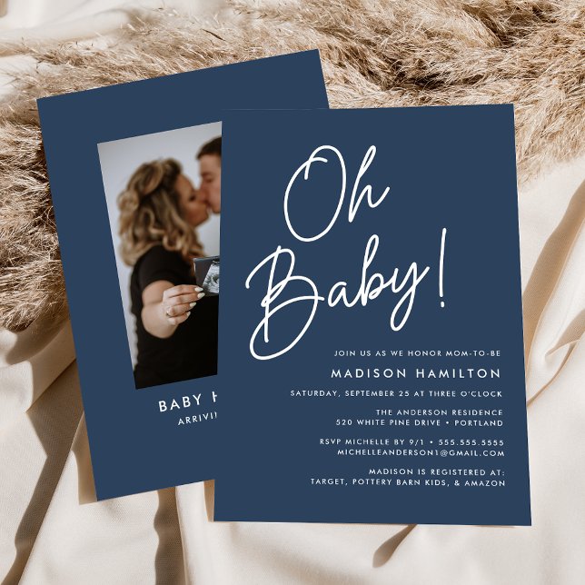 Invitación Oh Baby Script Navy Photo Baby Shower (Subido por el creador)