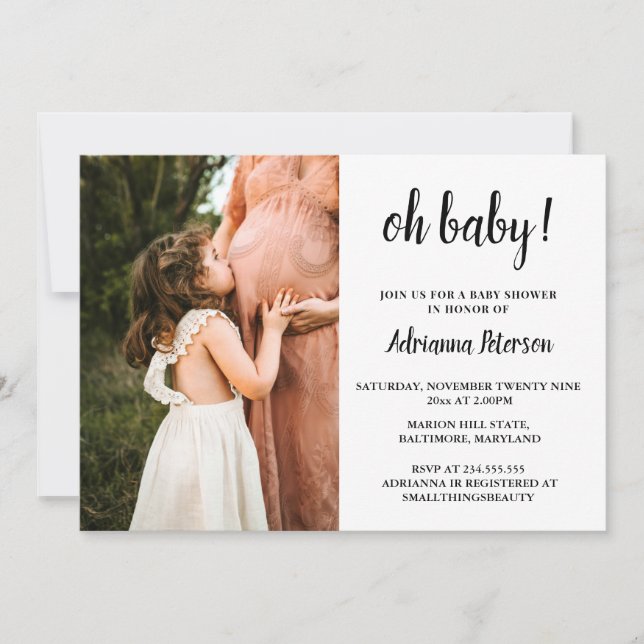 Invitación Oh Baby Script Rosa Baby Shower Photo Chevron (Anverso)