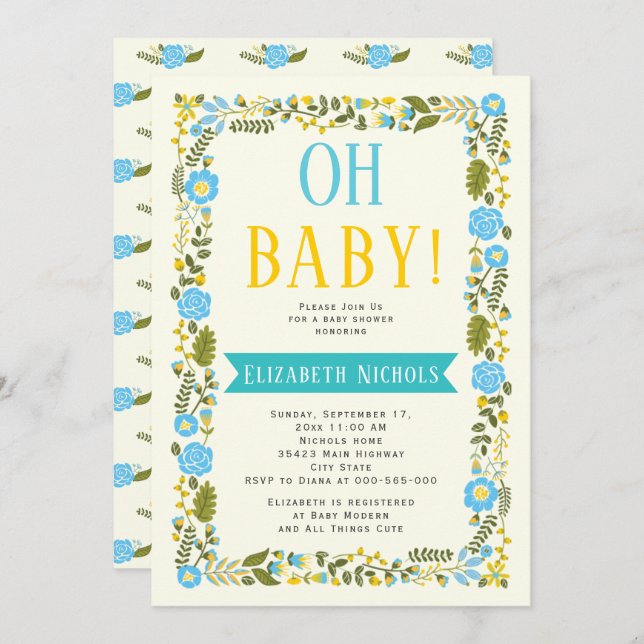 Invitación Oh Baby shower aqua y amarillo borde floral (Anverso / Reverso)