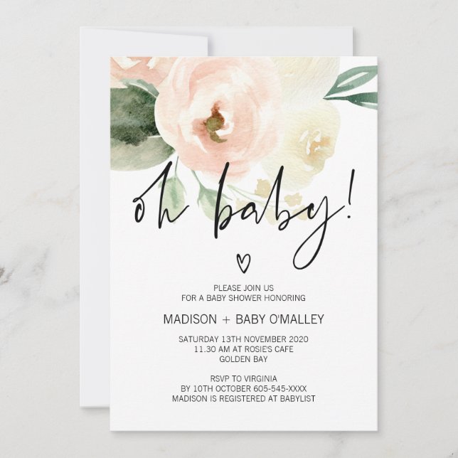 Invitación Oh Baby Shower Baby Girl Rubor Pink Florines (Anverso)