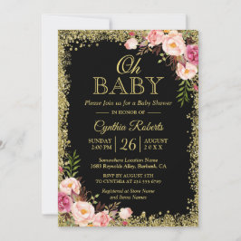 Invitación Oh Baby Shower - Black Gold Purpurina Floral rosa