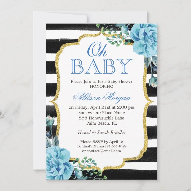Invitación Oh Baby Shower Blue Floral Gold Bandas Negras (Anverso)