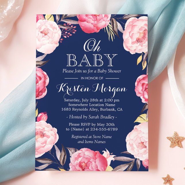 Invitación Oh Baby Shower Botánico Floral Azul de la Marina d (Subido por el creador)