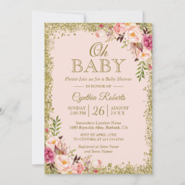 Invitación Oh Baby Shower - Floral de Purpurinas de oro rosad