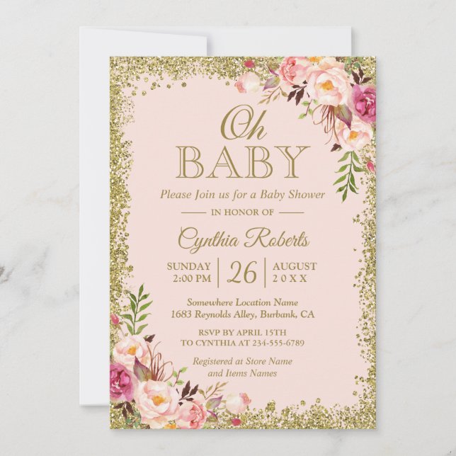 Invitación Oh Baby Shower - Floral de Purpurinas de oro rosad (Anverso)