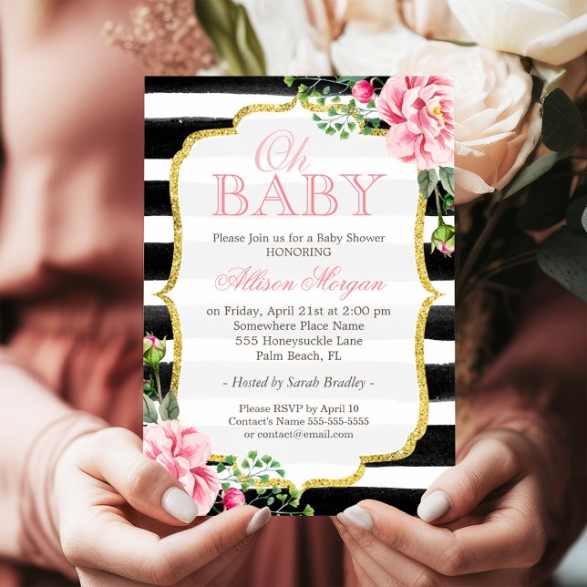 Invitación Oh Baby Shower Floral Gold Black Strips (Subido por el creador)