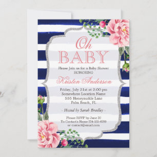 Invitación Oh Baby Shower Floral Plata Rosada Banda Azul