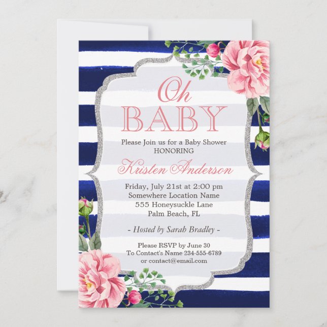 Invitación Oh Baby Shower Floral Plata Rosada Banda Azul (Anverso)