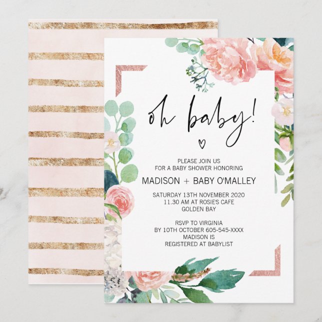 Invitación Oh Baby Shower Gender Neutral Baby Bash Florals (Anverso / Reverso)