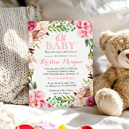 Invitación Oh Baby Shower Girly Elegant Moda Flores Rosa