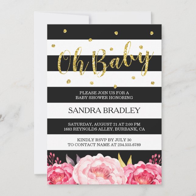 Invitación Oh Baby Shower Gold Purpurina Dots Floral Stripes (Anverso)