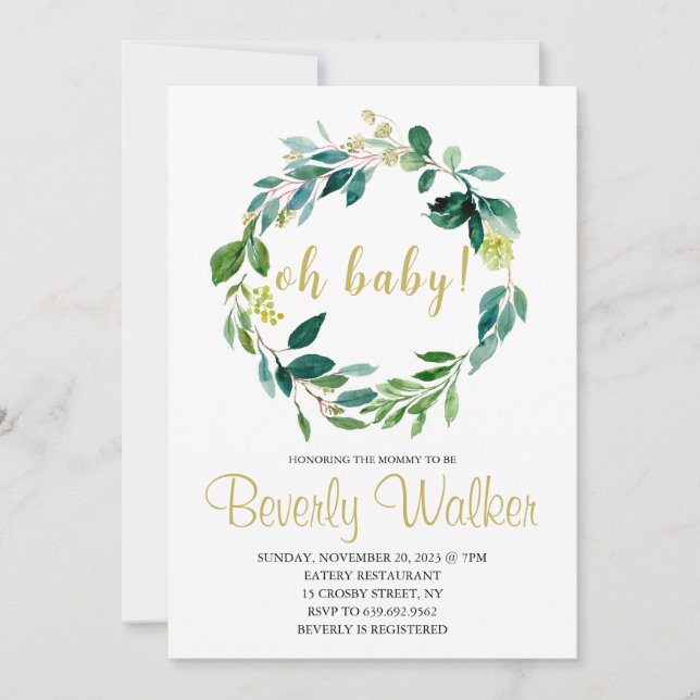 Invitación Oh Baby Shower Green Floral (Anverso)