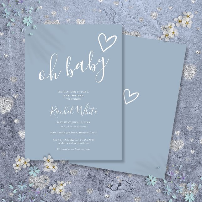 Invitación Oh Baby Shower Heart Dusty Blue Minimalista (Oh Baby Shower Heart Dusty Blue Minimalist Invitation)