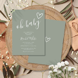 Invitación Oh Baby Shower Heart Sage Green Minimalista