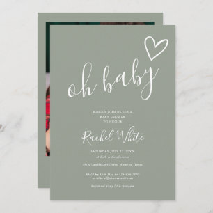 Invitación Oh Baby Shower Heart Sage Green Neutral Photo