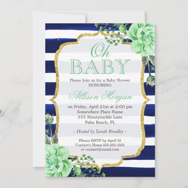 Invitación Oh Baby Shower Mint Floral Gold Stripes (Anverso)