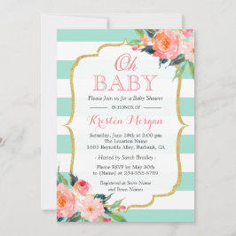 Invitación Oh Baby Shower Mint Green Stripes Pink Floral