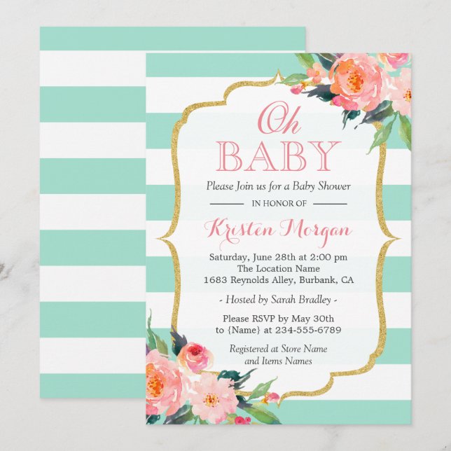 Invitación Oh Baby Shower Mint Green Stripes Pink Floral (Anverso / Reverso)