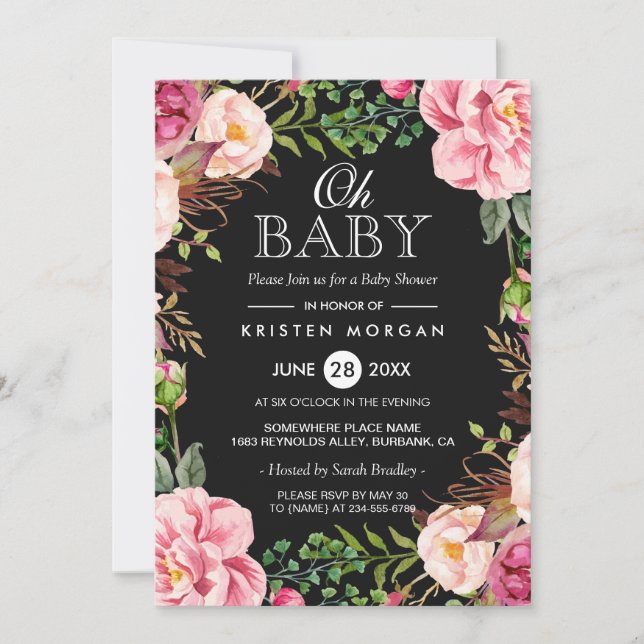 Invitación Oh Baby Shower Modern Beautiful Floral Wreath Wrap (Anverso)