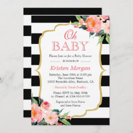 Invitación Oh Baby Shower Modern Floral Gold Frame Stripes