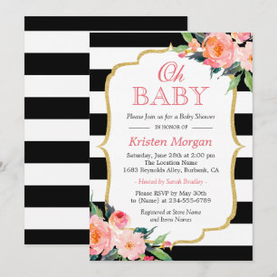 Invitación Oh Baby Shower Modern Floral Gold Frame Stripes