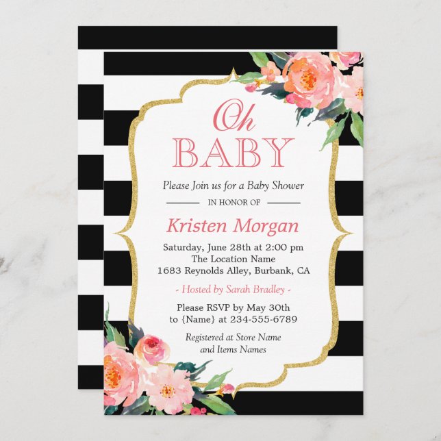 Invitación Oh Baby Shower Modern Floral Gold Frame Stripes (Anverso / Reverso)