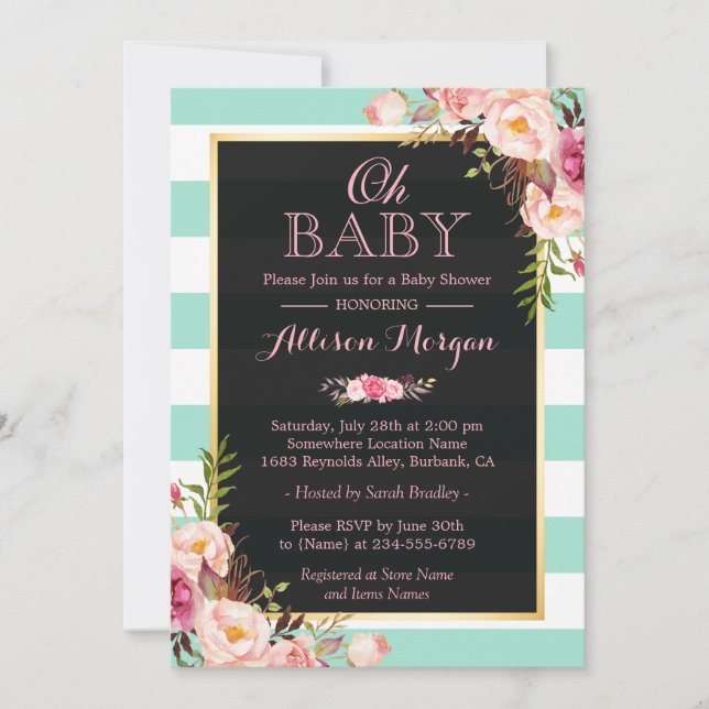 Invitación Oh Baby Shower Pink Floral Mint Green Strips (Anverso)