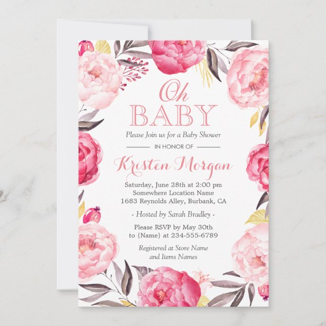 Invitación Oh Baby Shower Romántica Wreath Botánica Floral (Anverso)