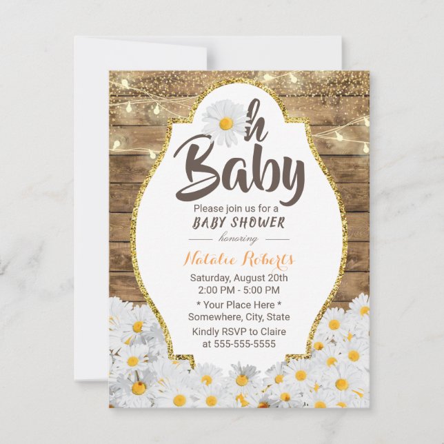 Invitación Oh Baby Shower Rustic Daisy Flowers String Lights (Anverso)