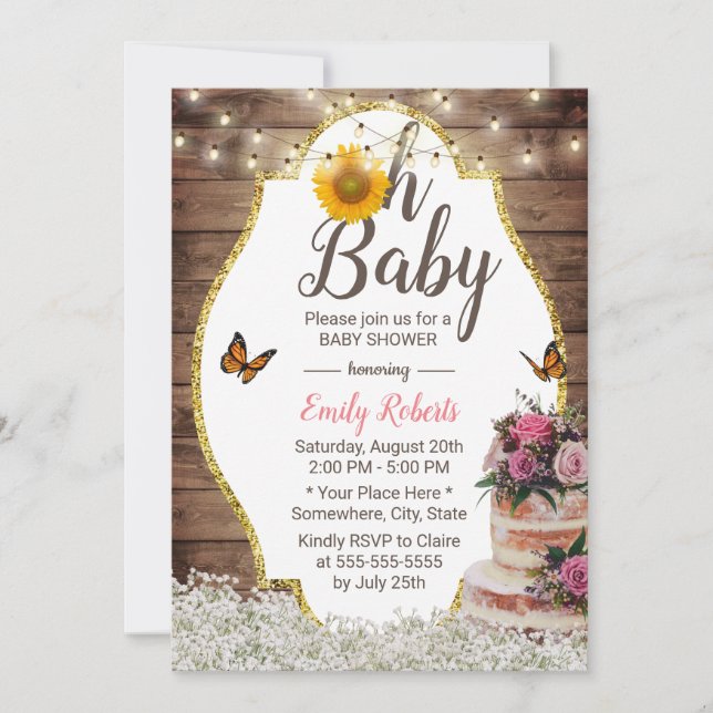 Invitación Oh Baby Shower Rustic Floral Cake Sunflower (Anverso)