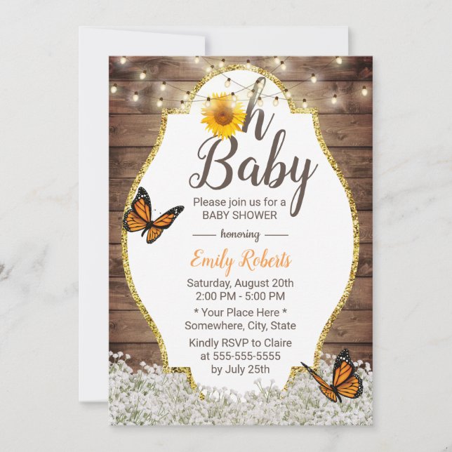 Invitación Oh Baby Shower Rustic Floral Sunflower Mariposa (Anverso)