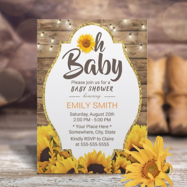 Invitación Oh Baby Shower Rustic Sunflowers & String Lights (Subido por el creador)