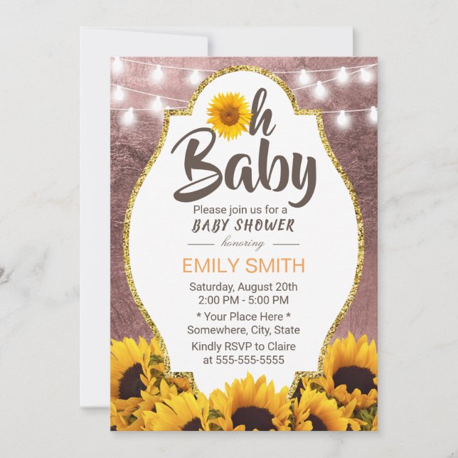 Invitación Oh Baby Shower Sunflowers String Lights Rosa Gold (Anverso)