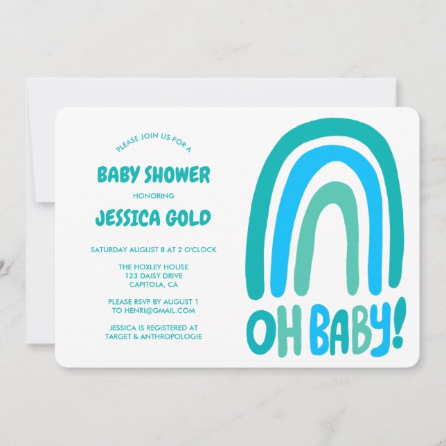 Invitación OH BABY SHOWER Sweet Blue Rainbow PERSONALIZADO QR (Anverso)