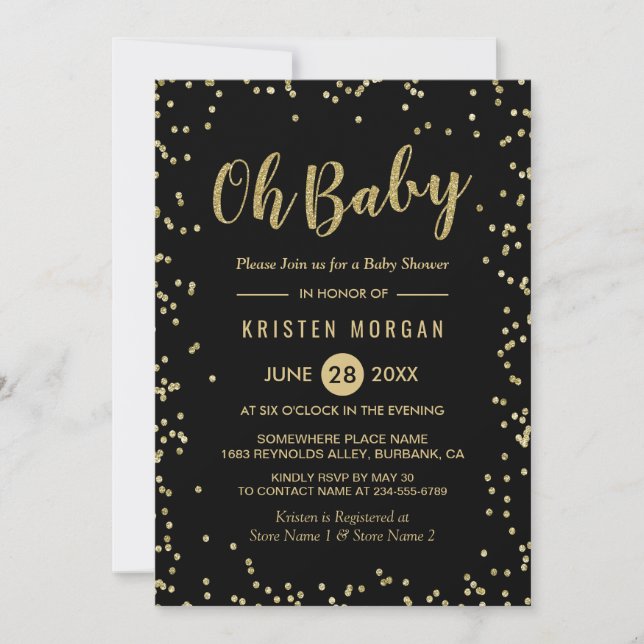 Invitación Oh Baby Shower Trendy Black Gold Purpurina Dots (Anverso)