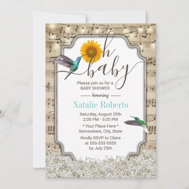 Invitación Oh Baby Shower Vintage Sunflower Hummingbird Music (Anverso)