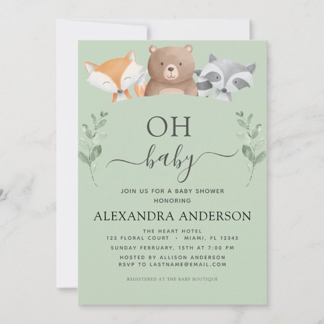 Invitación Oh Baby Shower Woodland Cute Animals (Anverso)