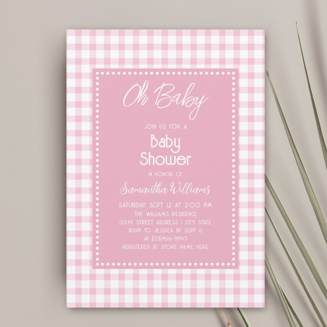 Invitación Oh Baby Simple Retro Rosa Gingham Chica Baby Showe (Subido por el creador)