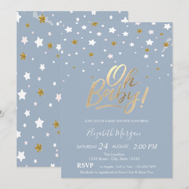 Invitación Oh Baby Stars Dusty Blue Baby Shower (Anverso / Reverso)