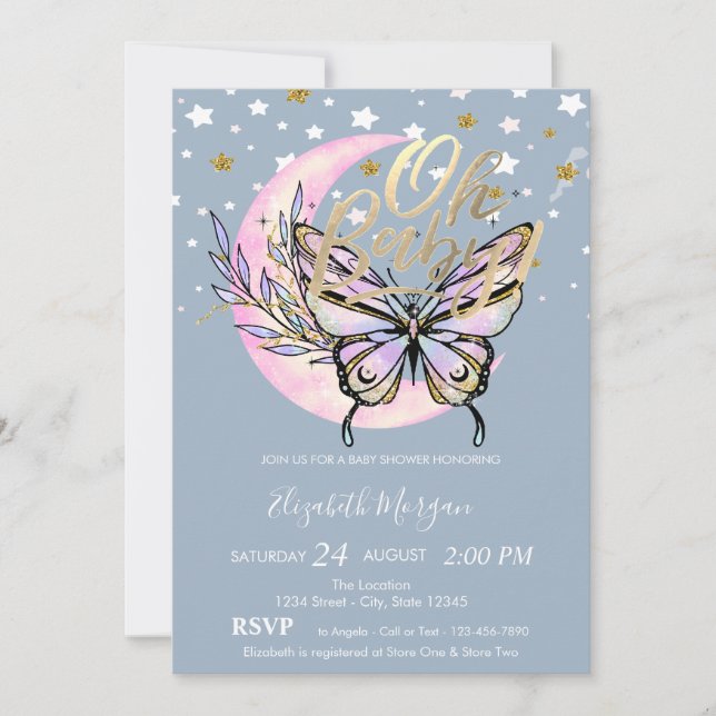 Invitación Oh Baby Stars Moon Butterfly Blue Baby Shower (Anverso)