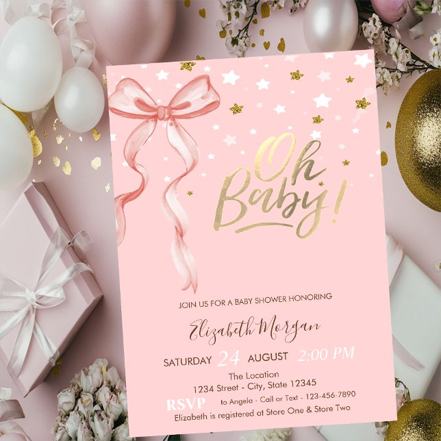 Invitación Oh Baby Stars Pink Bow Baby Shower (Subido por el creador)