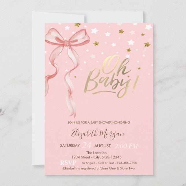 Invitación Oh Baby Stars Pink Bow Baby Shower (Anverso)