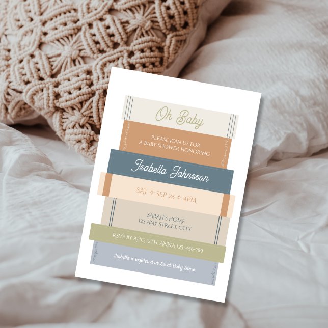 Invitación Oh Baby Storybook Stack Book Lover Baby Shower (Oh Baby Storybook Stack Book Lover Baby Shower Invitation GENDER NEUTRAL EARTHLY TONES)