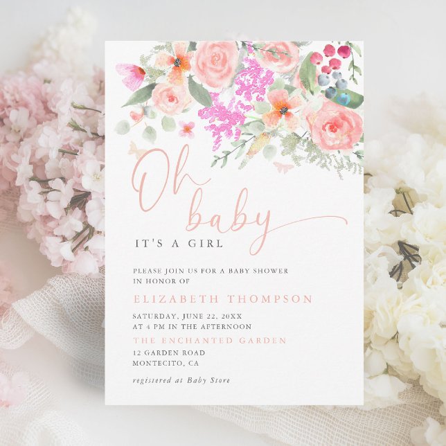 Invitación Oh Baby Sunny Garden Chica Floral Baby Shower (oh baby girl shower invitation colorful floral elegant modern calligraphy garden party backyard chic)