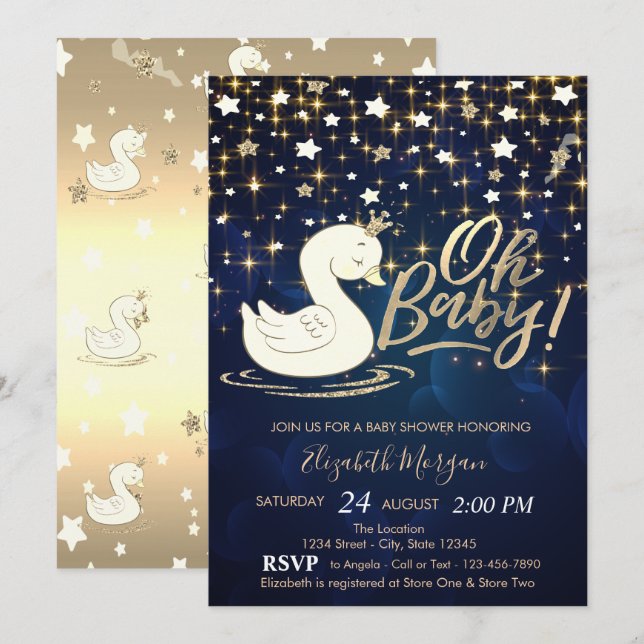 Invitación Oh Baby Swan Crown Gold Stars Baby Shower (Anverso / Reverso)